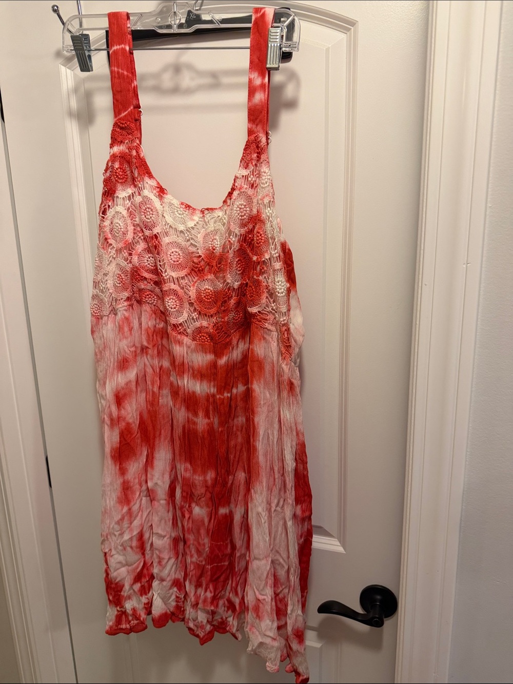 Avenue Red and White Tie-Dye Lace-Trim Slip Dress